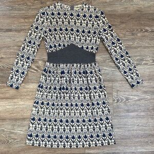Vintage Goldworm Virgin Merino Wool Blue and Cream Patterned Dress Made In Italy